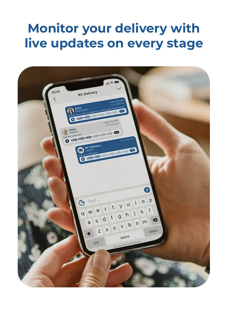 Hands holding a phone, while using the RX Delivery app and monitoring the delivery