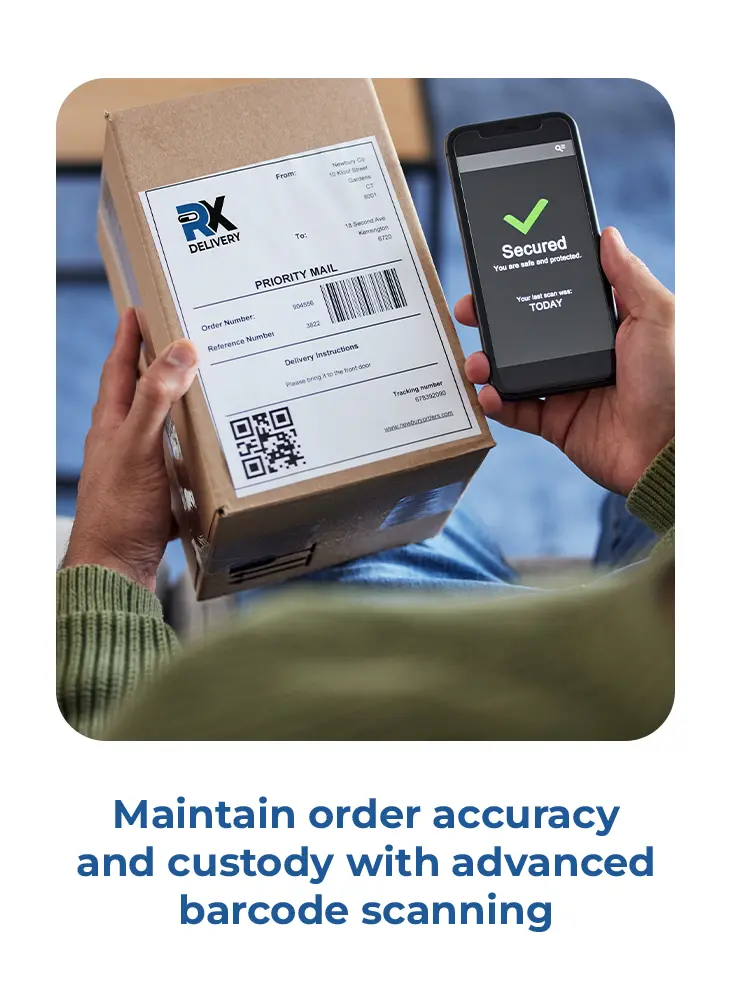 Client holding their order, while scanning its barcode to verify it is the correct one