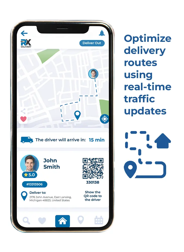 A phone with the RX Delivery app opened, able to check real-time traffic updates