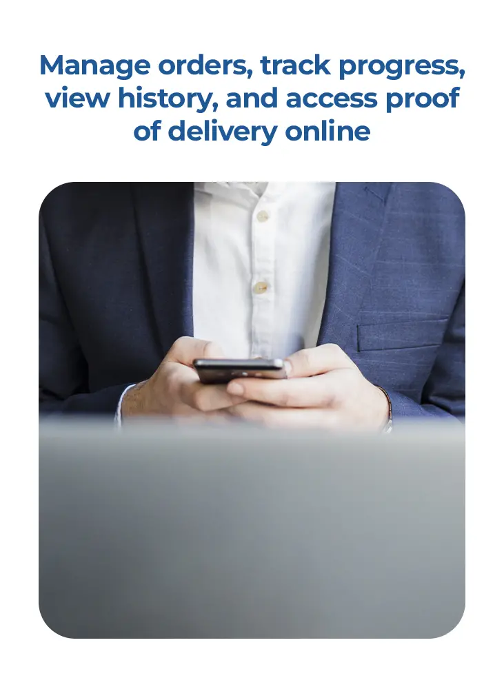 A person using his phone and laptop to manage orders, track progress, among others in the RX Delivery app